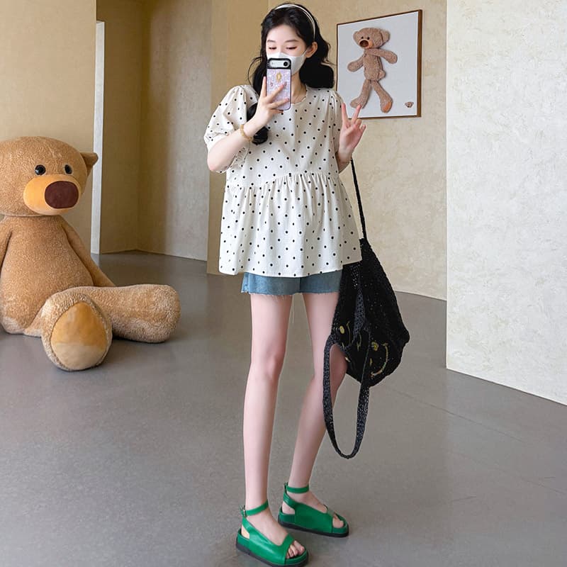 실사 지금 임산부 여름 면 린넨 도트 프린트 맨위 루즈핏 빅 보드 인형 셔츠 셔츠 이미지 4
