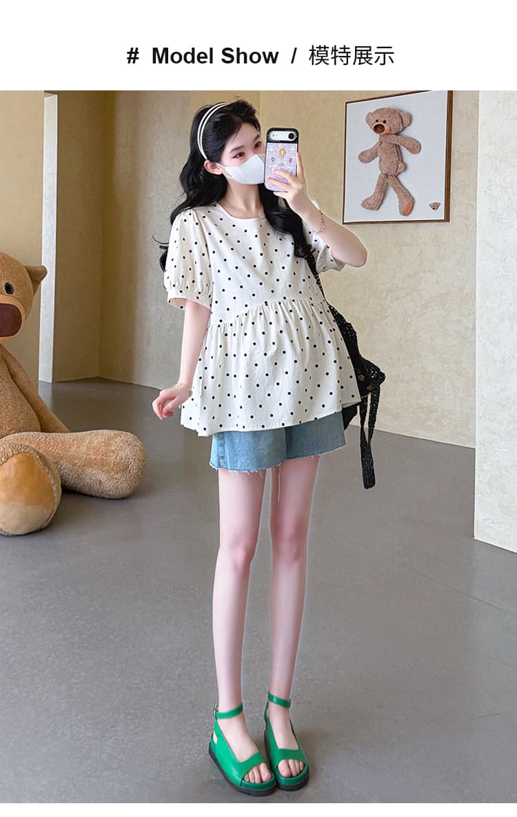 실사 지금 임산부 여름 면 린넨 도트 프린트 맨위 루즈핏 빅 보드 인형 셔츠 셔츠 상세 이미지 10