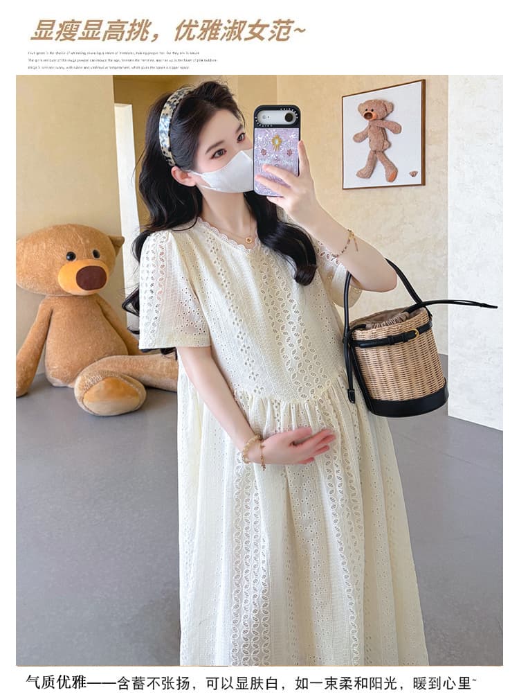 실사 지금 임산부 여름 새로운 빅 사이즈 루즈핏 V넥 홀로우 아웃 레이스 자수 자수 드레스 중간 길이 상세 이미지 2