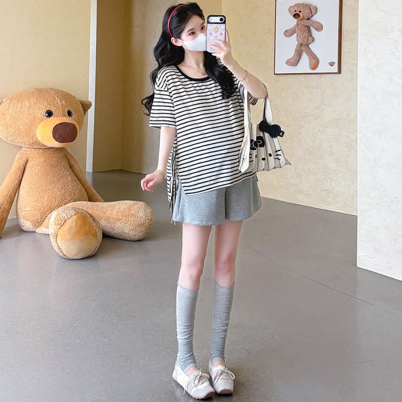 실사 지금 임산부 여름 새로운 스트라이프 스트랩 티셔츠 루즈핏 라운드 넥 맨위 반바지 세트 이미지 5