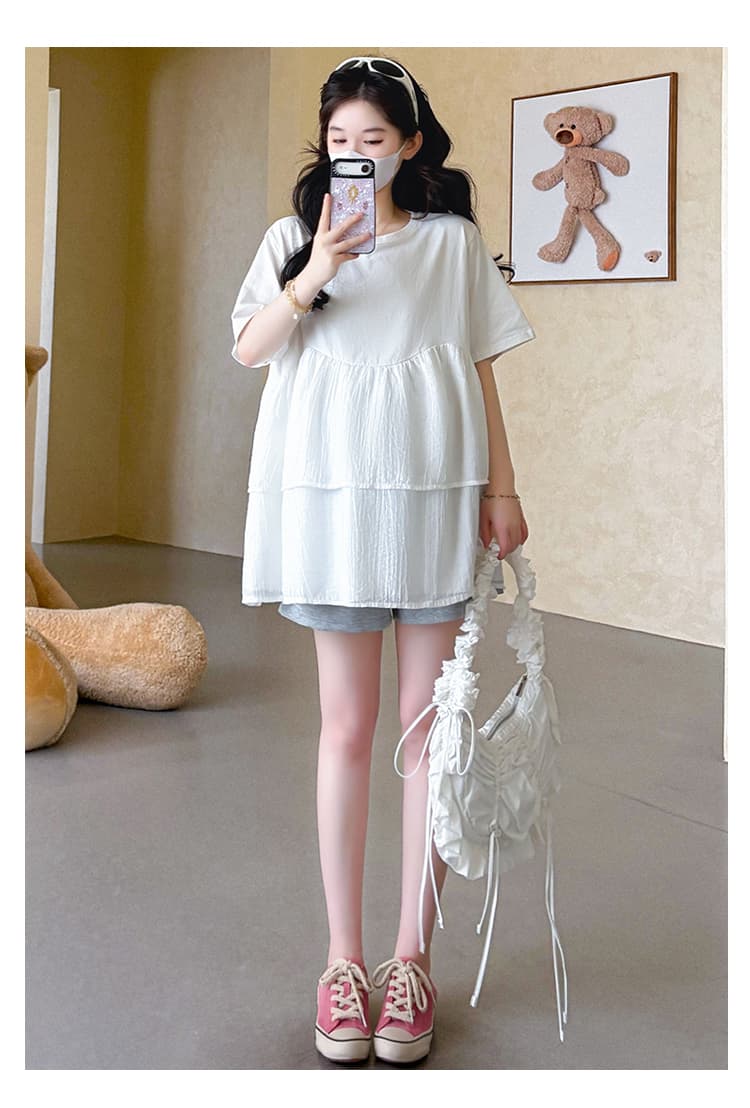실사 지금 임산부 여름 새로운 티셔츠 한국 스타일 루즈핏 표지 엉덩이 패치워크 케이크 밑단 인형 셔츠 맨위 반바지 상세 이미지 10