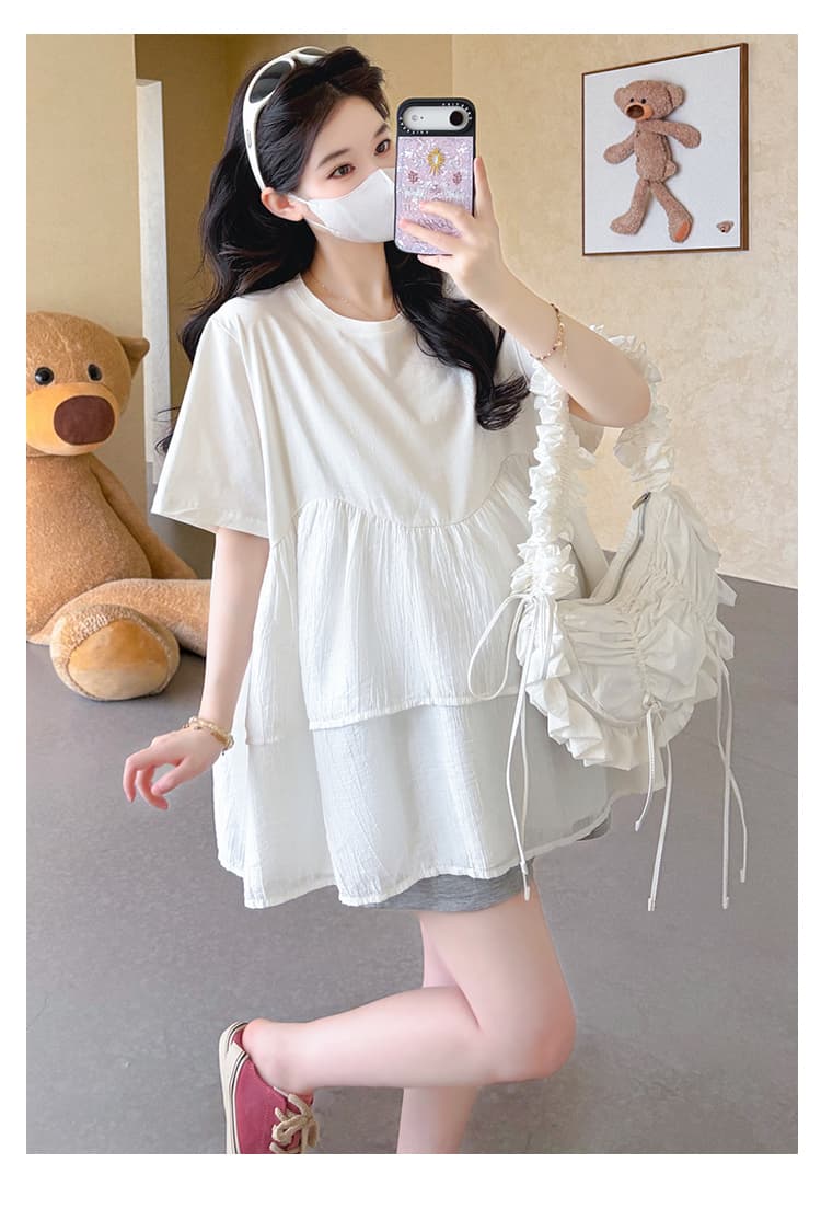 실사 지금 임산부 여름 새로운 티셔츠 한국 스타일 루즈핏 표지 엉덩이 패치워크 케이크 밑단 인형 셔츠 맨위 반바지 상세 이미지 17