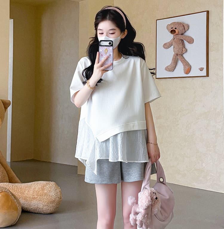 실사 지금 임산부 여름 얇은 스타일 불규칙 긍정적 인 어깨 반팔 티셔츠 패치워크 쉬폰 톱 반바지 투피스 세트 세트 상세 이미지 19