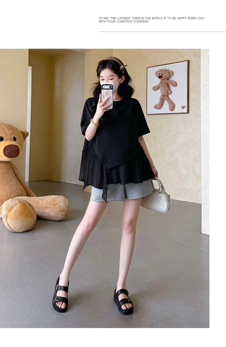 실사 지금 임산부 여름 얇은 스타일 불규칙 긍정적 인 어깨 반팔 티셔츠 패치워크 쉬폰 톱 반바지 투피스 세트 세트 상세 이미지 31