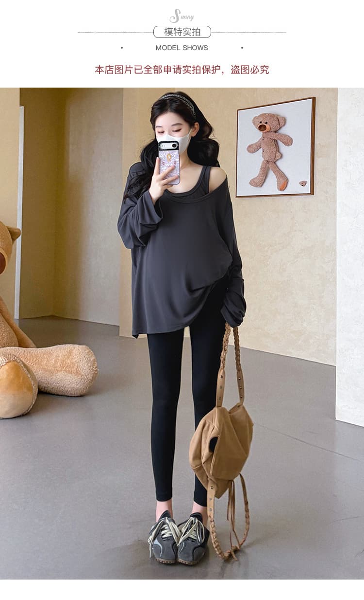 실사 지금 임산부 가을 새로운 루즈핏 빅 사이즈 페이크 레이어드 티셔츠 순수한 욕망 바람 표지 엉덩이 맨위 상세 이미지 9
