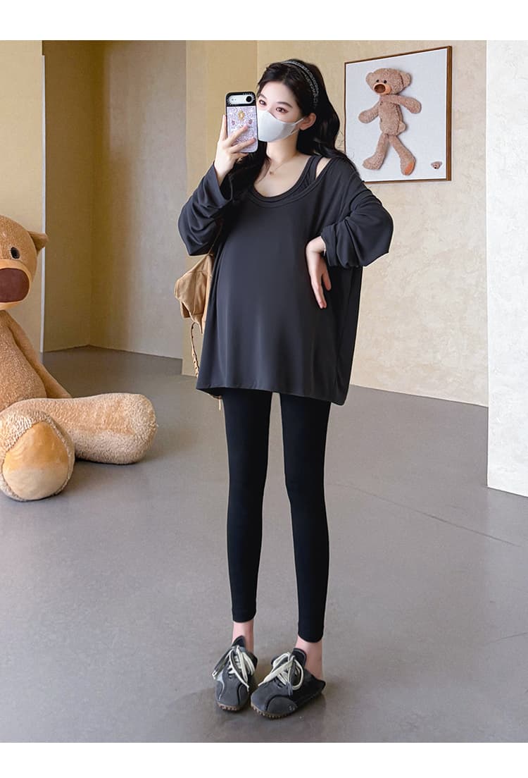 실사 지금 임산부 가을 새로운 루즈핏 빅 사이즈 페이크 레이어드 티셔츠 순수한 욕망 바람 표지 엉덩이 맨위 상세 이미지 15