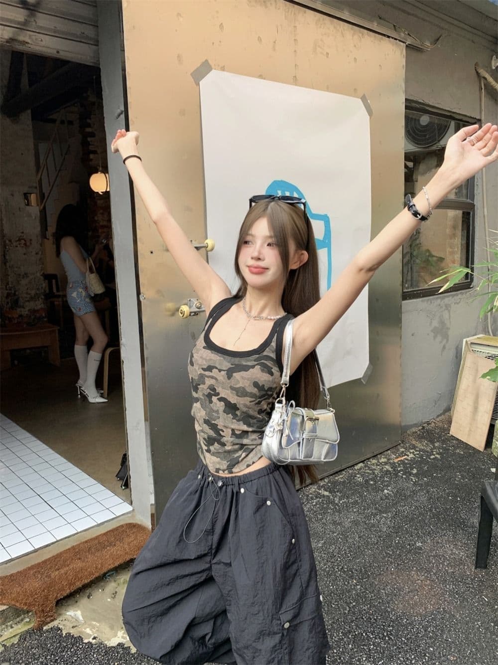 모달 사람들 면 260 그램 아메리칸 핫걸 카모플라주 패치워크 색상 조끼 슬립 여성 여름 상세 이미지 6