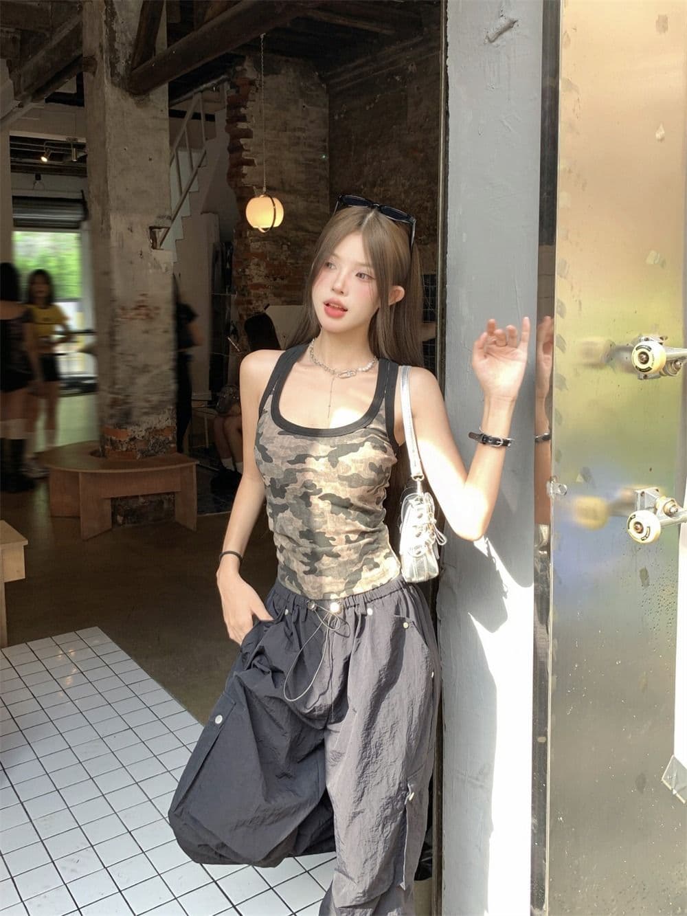 모달 사람들 면 260 그램 아메리칸 핫걸 카모플라주 패치워크 색상 조끼 슬립 여성 여름 상세 이미지 7