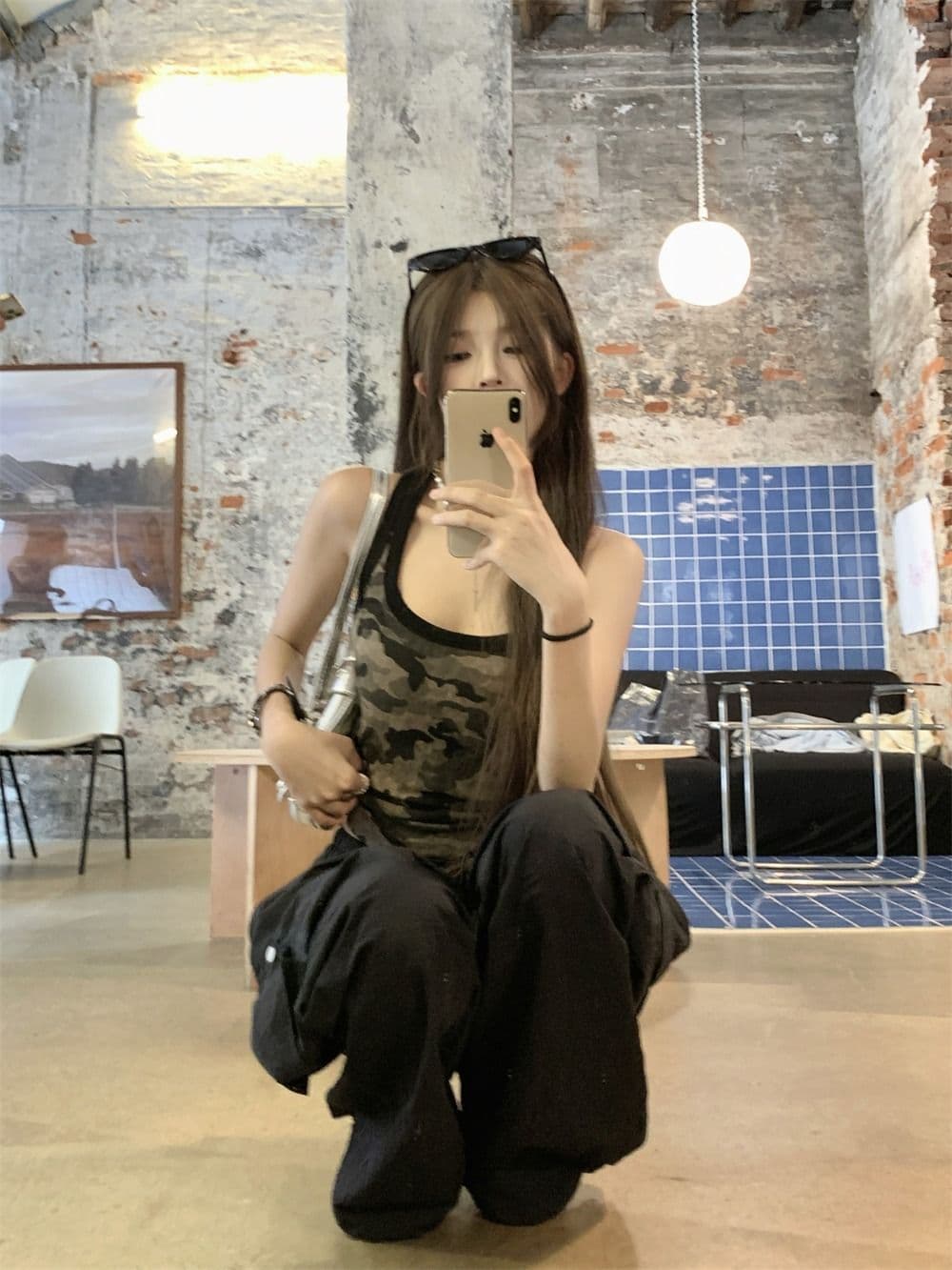 모달 사람들 면 260 그램 아메리칸 핫걸 카모플라주 패치워크 색상 조끼 슬립 여성 여름 상세 이미지 8