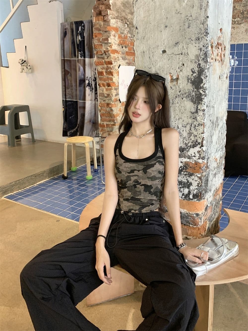 모달 사람들 면 260 그램 아메리칸 핫걸 카모플라주 패치워크 색상 조끼 슬립 여성 여름 상세 이미지 10