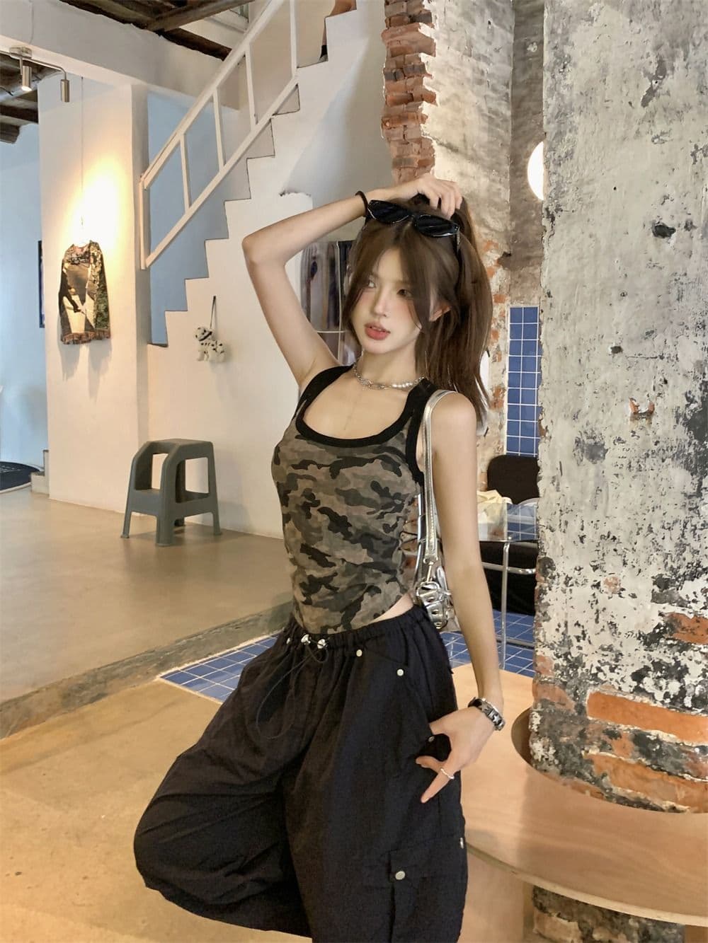 모달 사람들 면 260 그램 아메리칸 핫걸 카모플라주 패치워크 색상 조끼 슬립 여성 여름 상세 이미지 11