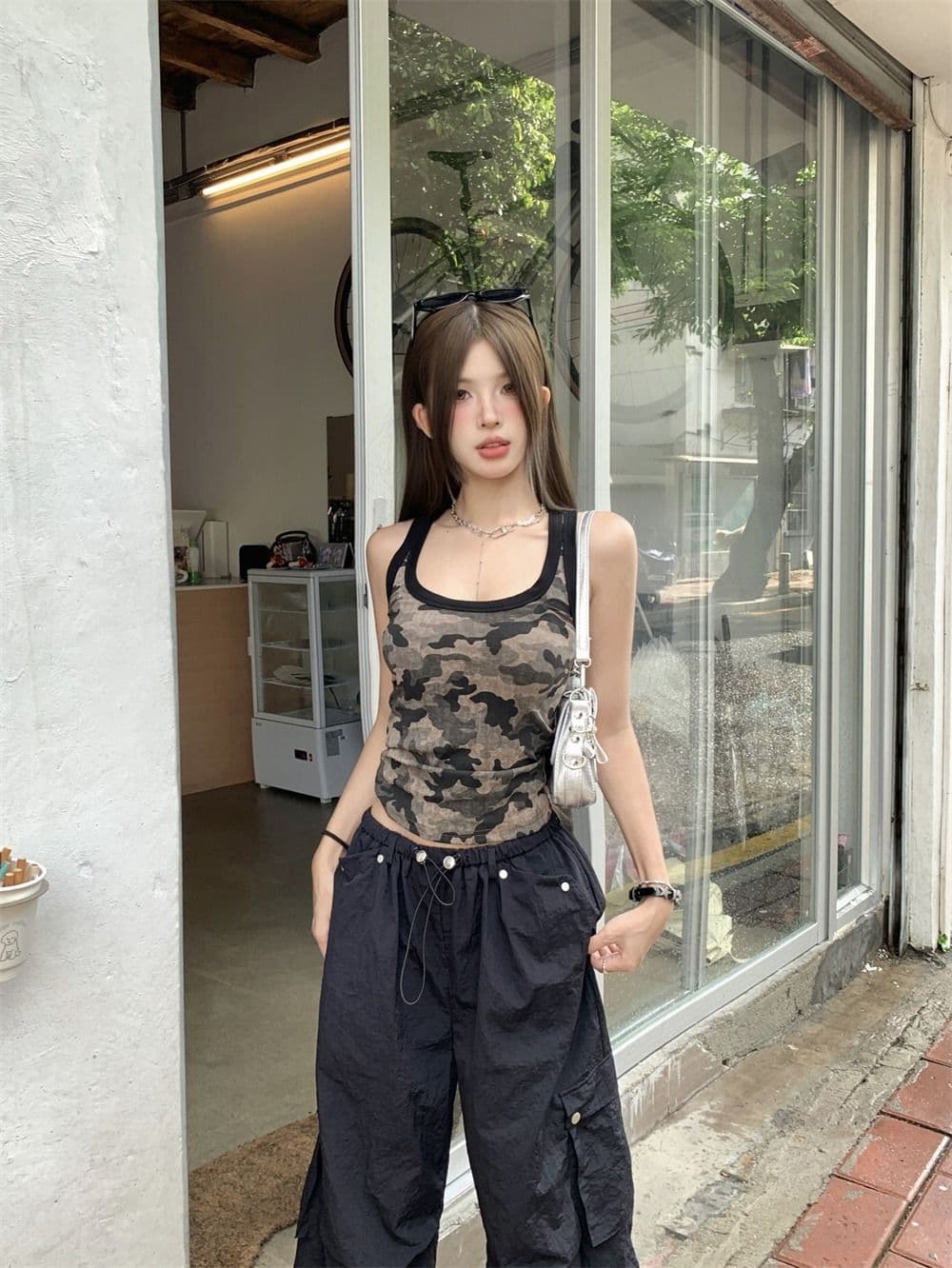 모달 사람들 면 260 그램 아메리칸 핫걸 카모플라주 패치워크 색상 조끼 슬립 여성 여름 상세 이미지 12