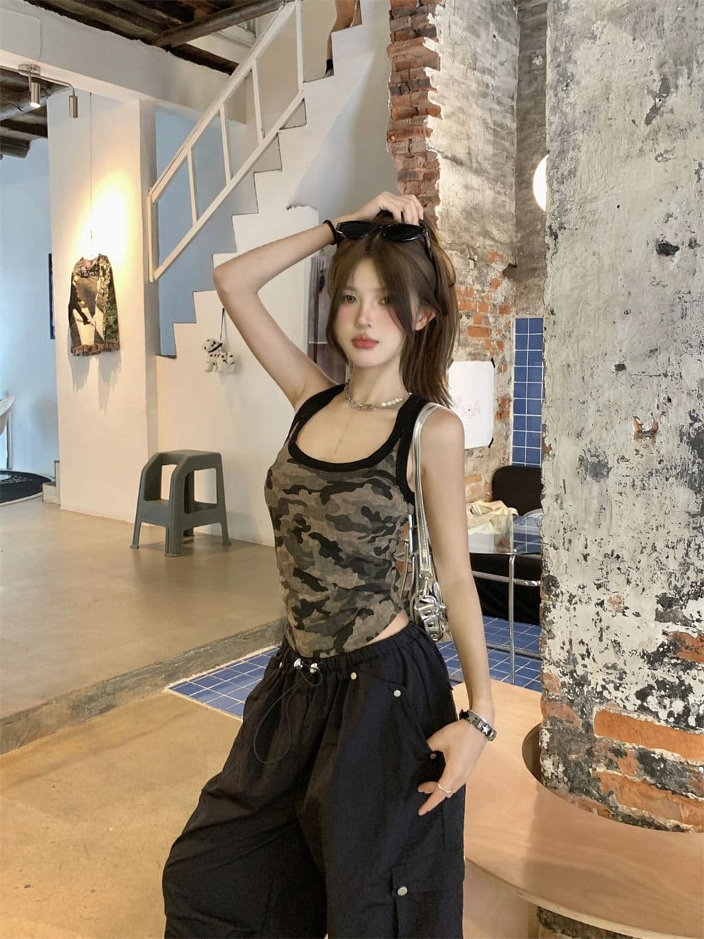 모달 사람들 면 260 그램 아메리칸 핫걸 카모플라주 패치워크 색상 조끼 슬립 여성 여름 상세 이미지 14