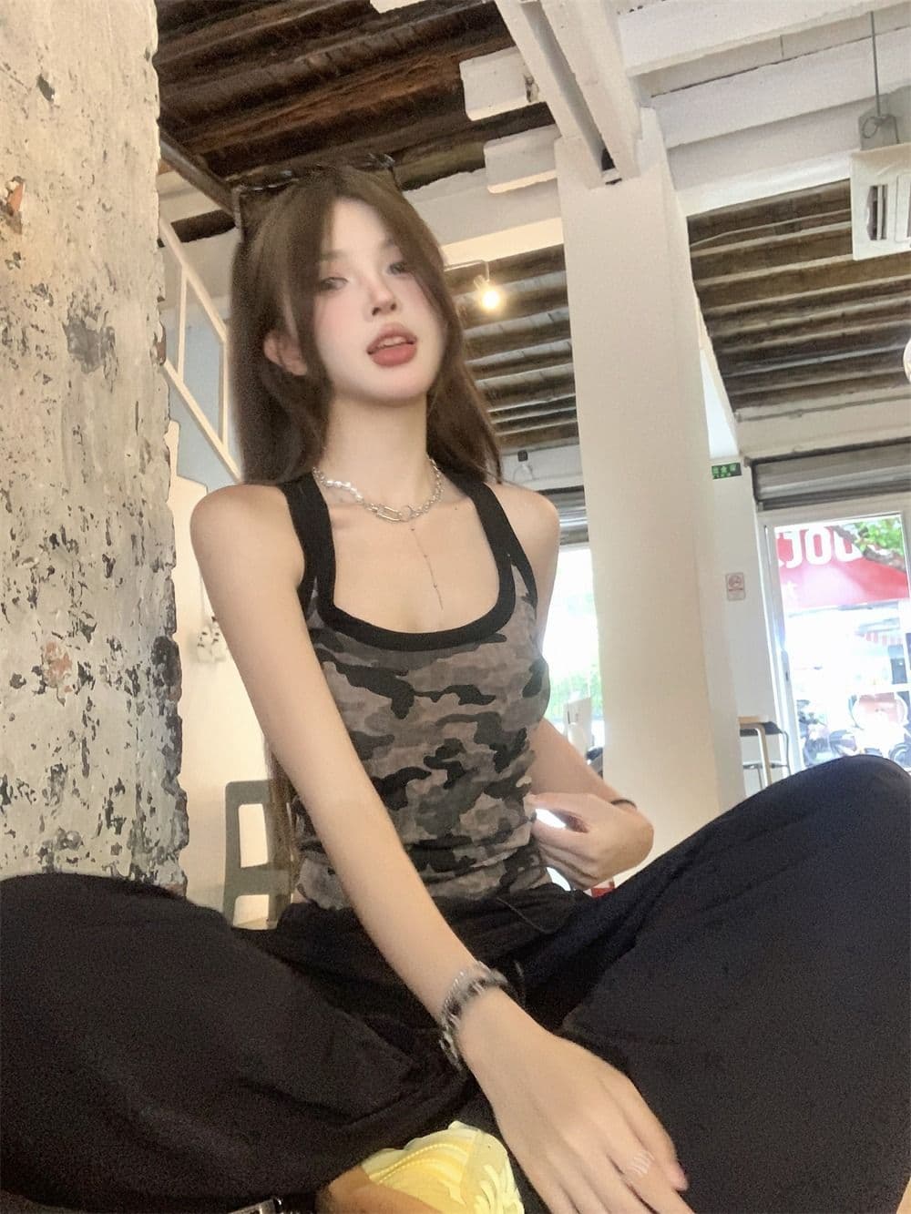 모달 사람들 면 260 그램 아메리칸 핫걸 카모플라주 패치워크 색상 조끼 슬립 여성 여름 상세 이미지 16