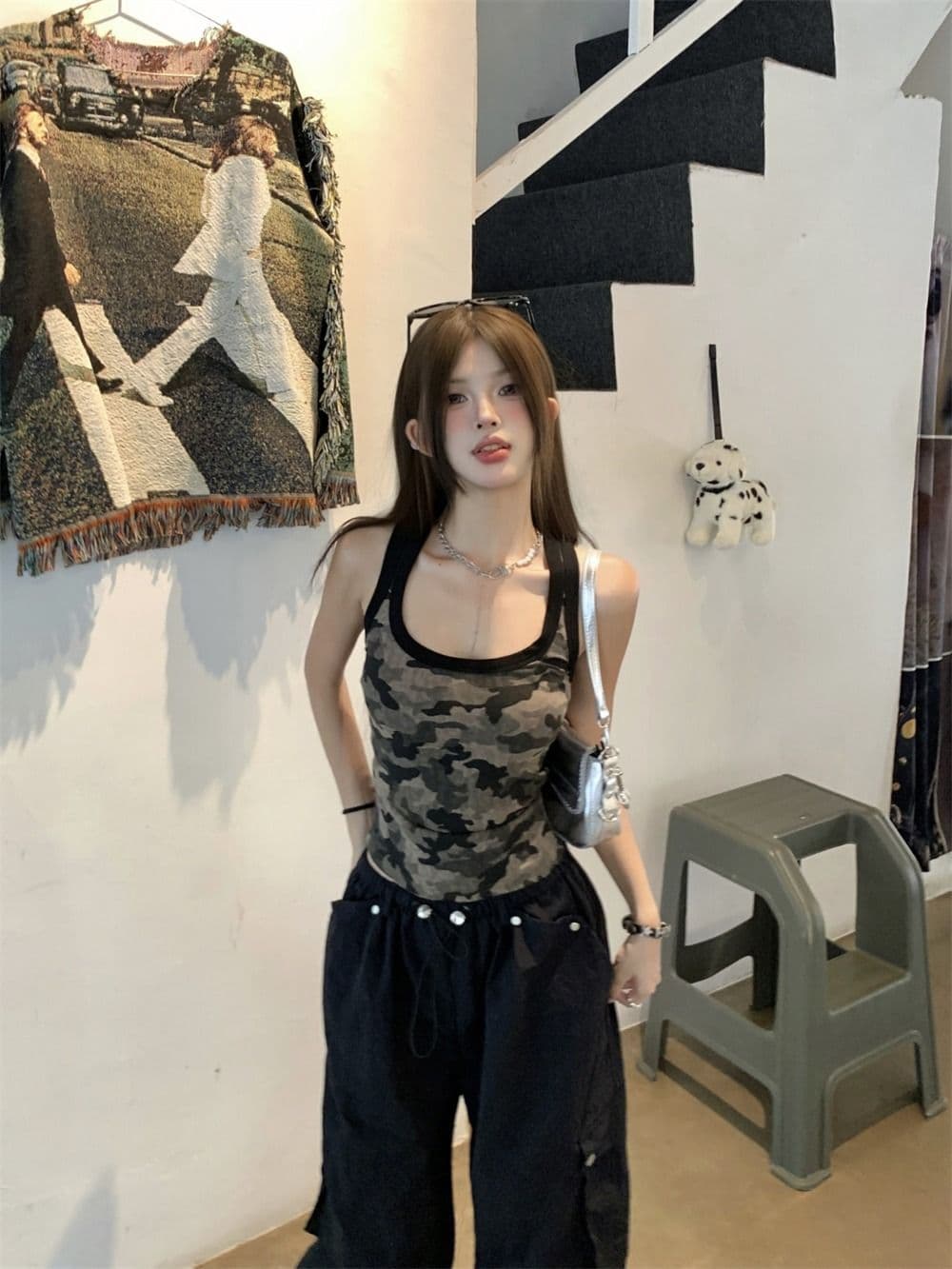 모달 사람들 면 260 그램 아메리칸 핫걸 카모플라주 패치워크 색상 조끼 슬립 여성 여름 상세 이미지 17