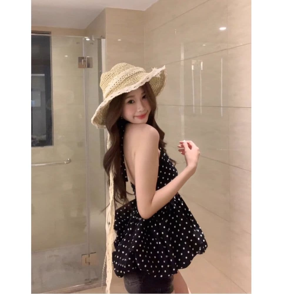 원본 원단 있음 네리 도트 무늬 V넥 행침 목 캐미솔 여름 핫걸 허리 수축 슬림해 보이는 맨위 이미지 2