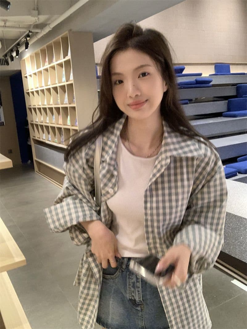 2026 봄 가을 새로운 레트로 디스플레이 화이트 체크무늬 루즈핏 느긋한 다용도 긴팔 셔츠 체크무늬 재킷 맨위 상세 이미지 5