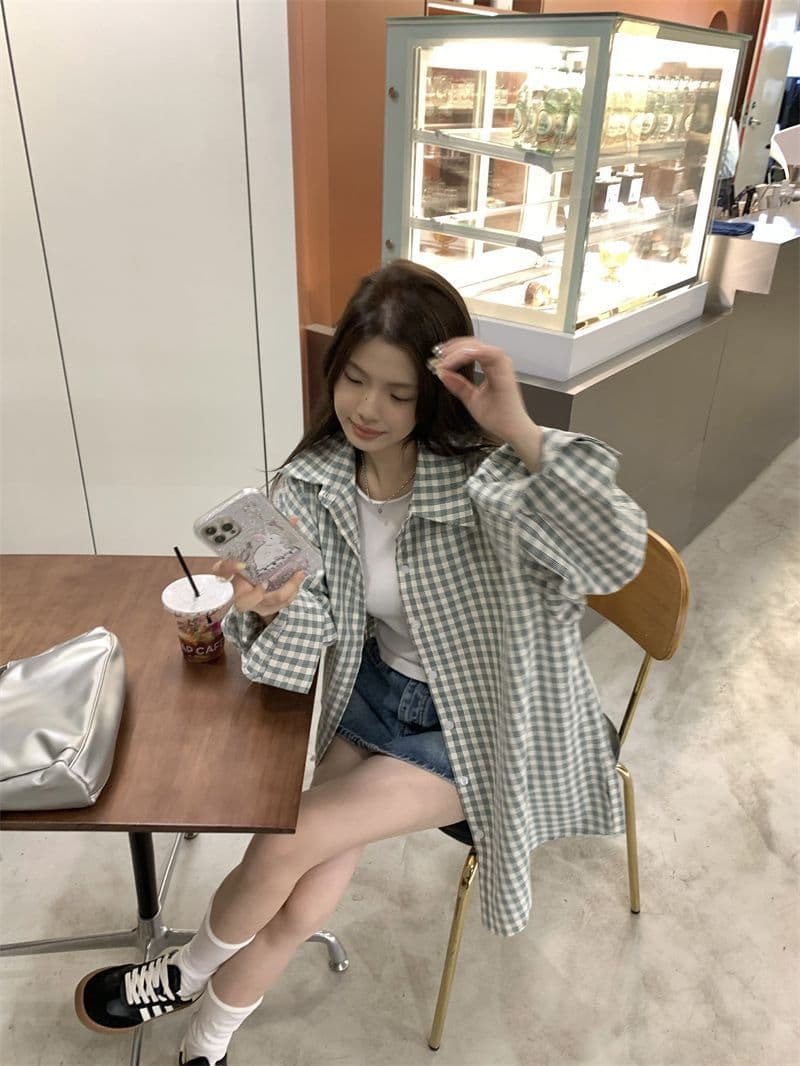2026 봄 가을 새로운 레트로 디스플레이 화이트 체크무늬 루즈핏 느긋한 다용도 긴팔 셔츠 체크무늬 재킷 맨위 상세 이미지 10