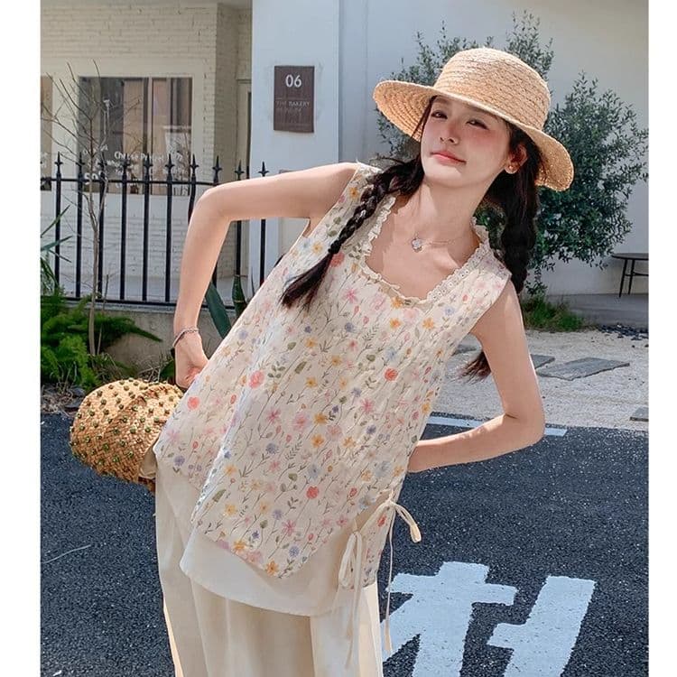 원본 원단 것 작은 청신 꽃무늬 레이스 민소매 맨위 여성 여름 새로운 한 부서 부드러운 바람 달콤함