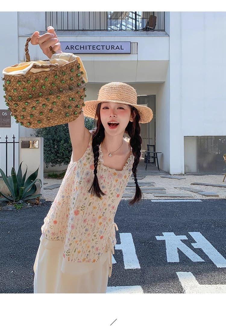 원본 원단 것 작은 청신 꽃무늬 레이스 민소매 맨위 여성 여름 새로운 한 부서 부드러운 바람 달콤함 상세 이미지 7