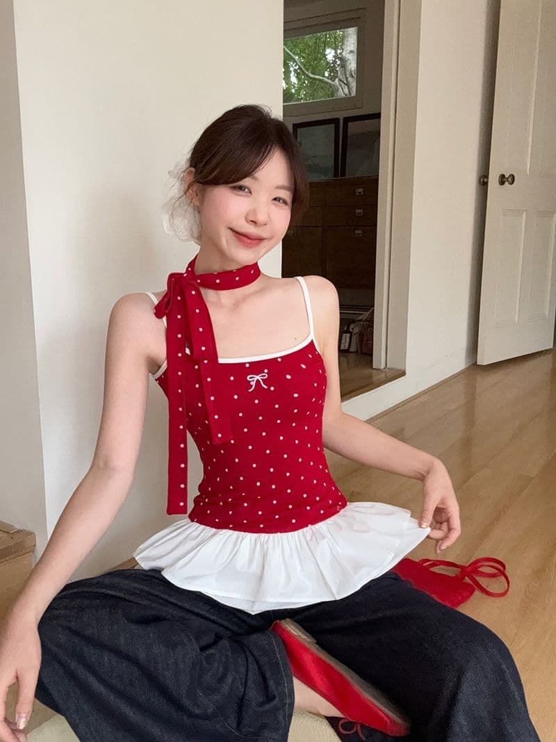 모달 사람들 면 발레 바람 빨간색 도트 무늬 나비 매듭 캐미솔 여름 패치워크 리본 맨위 상세 이미지 2