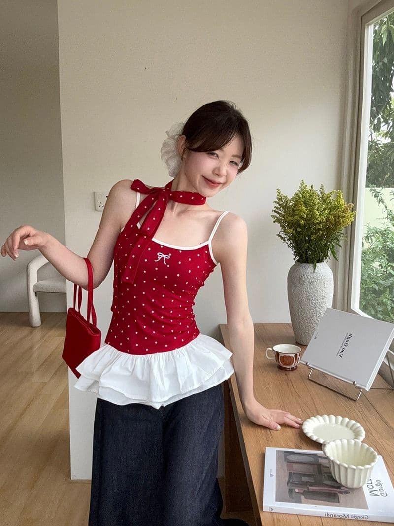 모달 사람들 면 발레 바람 빨간색 도트 무늬 나비 매듭 캐미솔 여름 패치워크 리본 맨위 상세 이미지 3