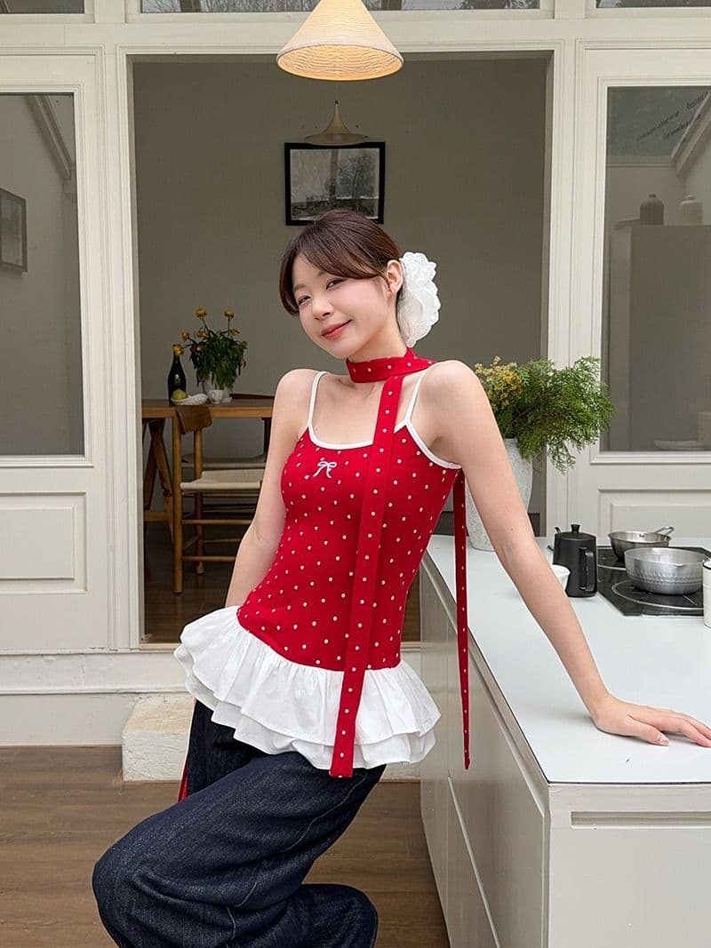 모달 사람들 면 발레 바람 빨간색 도트 무늬 나비 매듭 캐미솔 여름 패치워크 리본 맨위 상세 이미지 11