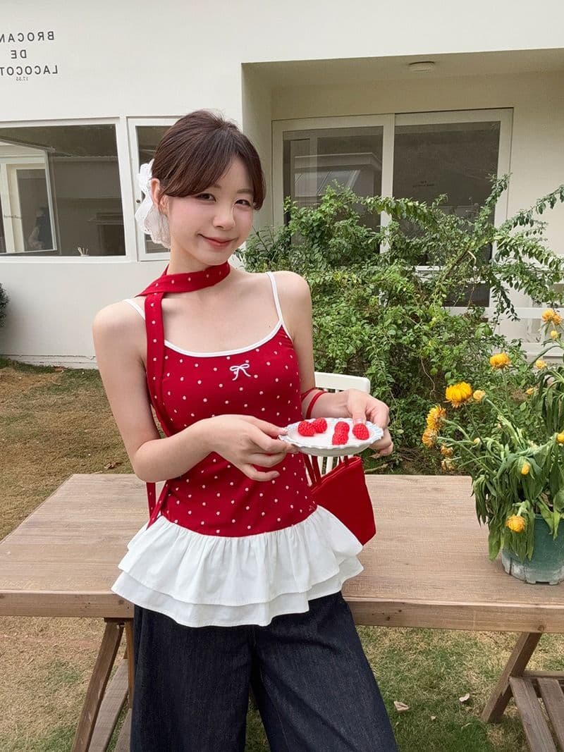 모달 사람들 면 발레 바람 빨간색 도트 무늬 나비 매듭 캐미솔 여름 패치워크 리본 맨위 상세 이미지 13