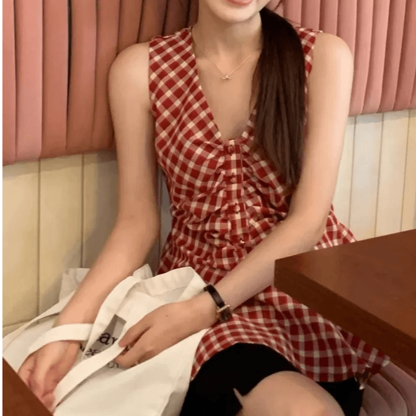한 부서 주름 체크무늬 여성 셔츠 여름 드레스 프릴 작은 키 민소매 작은 셔츠 인형 셔츠 체크무늬 V넥 맨위 이미지 2