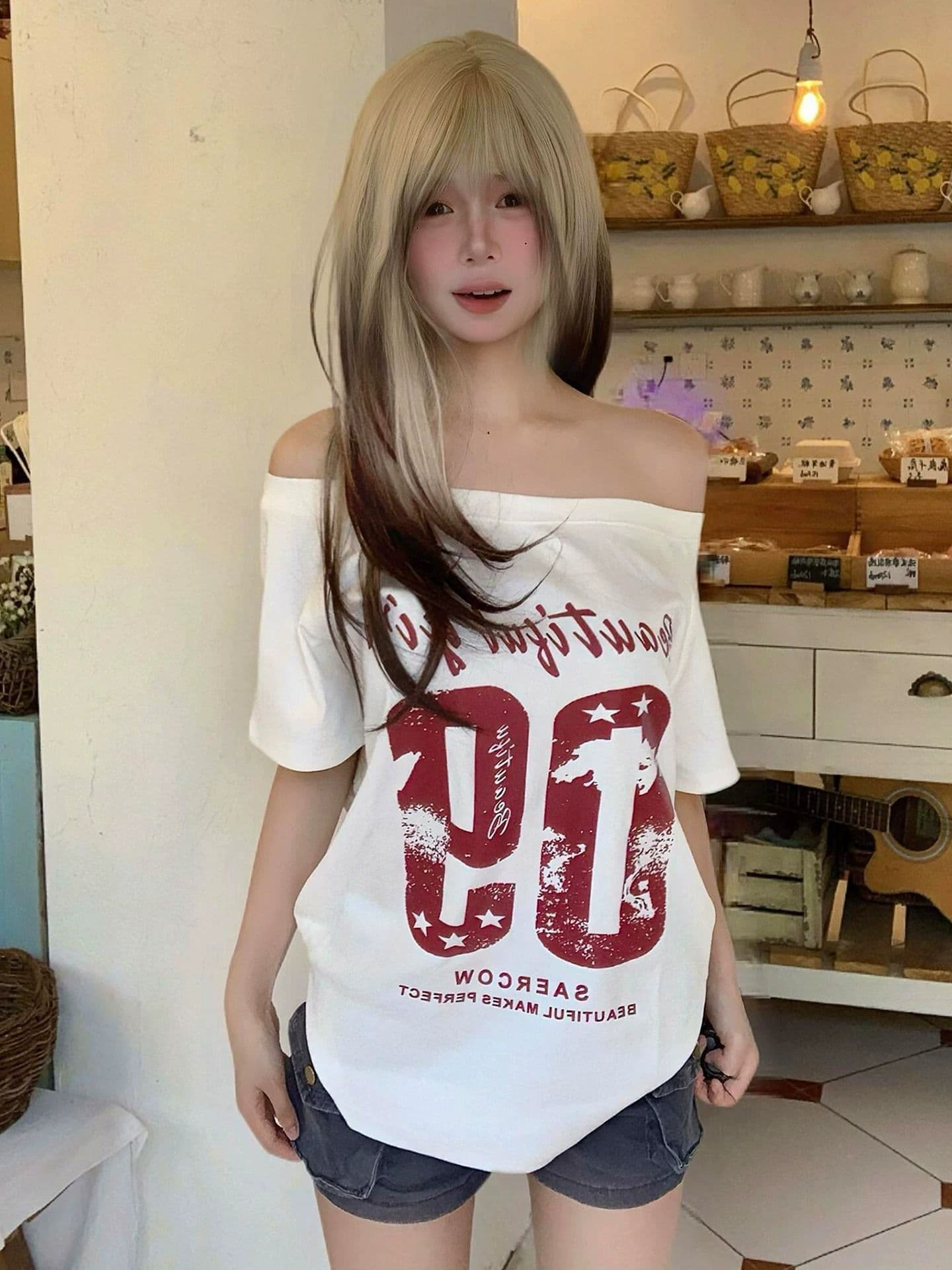 경관 그림 40 순면 220 그램 92 면 8 암모니아 Lun 비스듬한 칼라 오프숄더 오프숄더 반팔 티셔츠 여성