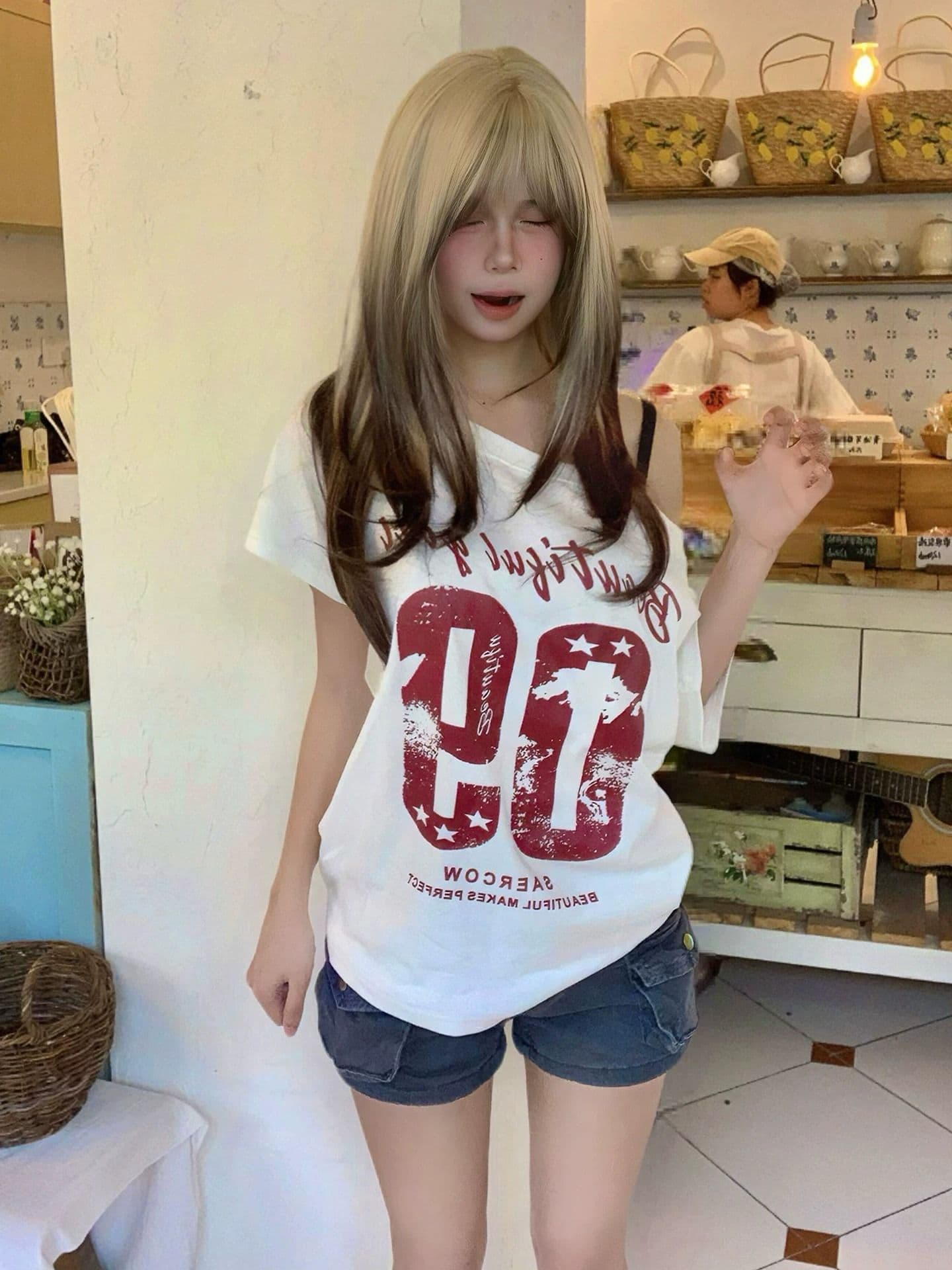 경관 그림 40 순면 220 그램 92 면 8 암모니아 Lun 비스듬한 칼라 오프숄더 오프숄더 반팔 티셔츠 여성 상세 이미지 3