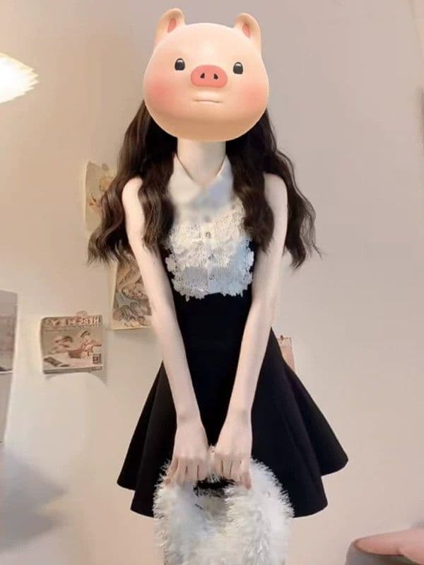 세트 인사이드 천 골드 고급 센스 검정색 민소매 조끼 원피스 여름 레이스 디자인 센스 허리 수축 한 마디 퍼프 스커트