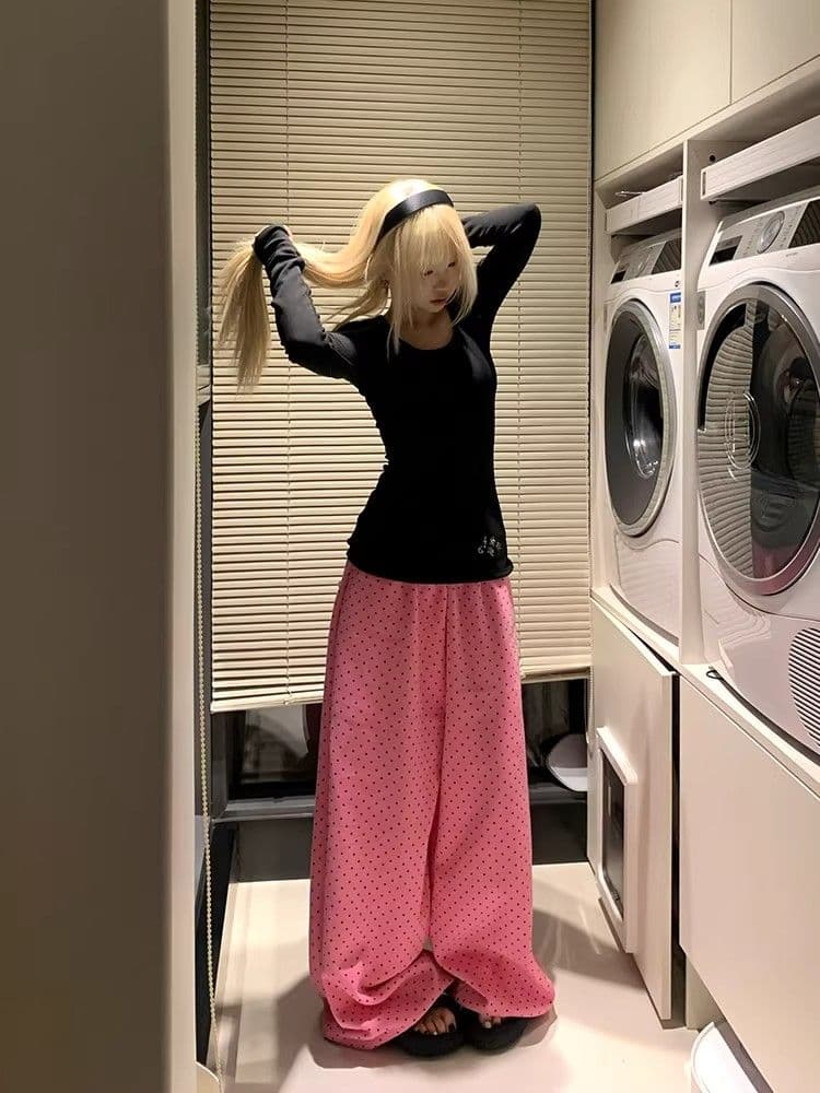 3 차원 허리 머리 핑크색 도트 무늬 전체 인쇄 넓은 다리 캐주얼 웨이 바지 여성 봄 가을 루즈핏 느긋한 도루 센스 스트레이트 팬츠 이미지 4
