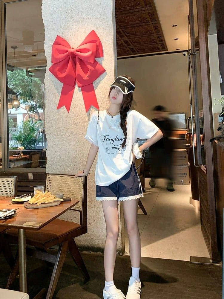3 차원 허리 머리 한 부서 레이스 측면 운동 캐주얼 반바지 여성 2026 새로운 여름 하이웨이스트 루즈핏 와이드 레그 팬츠 상세 이미지 5
