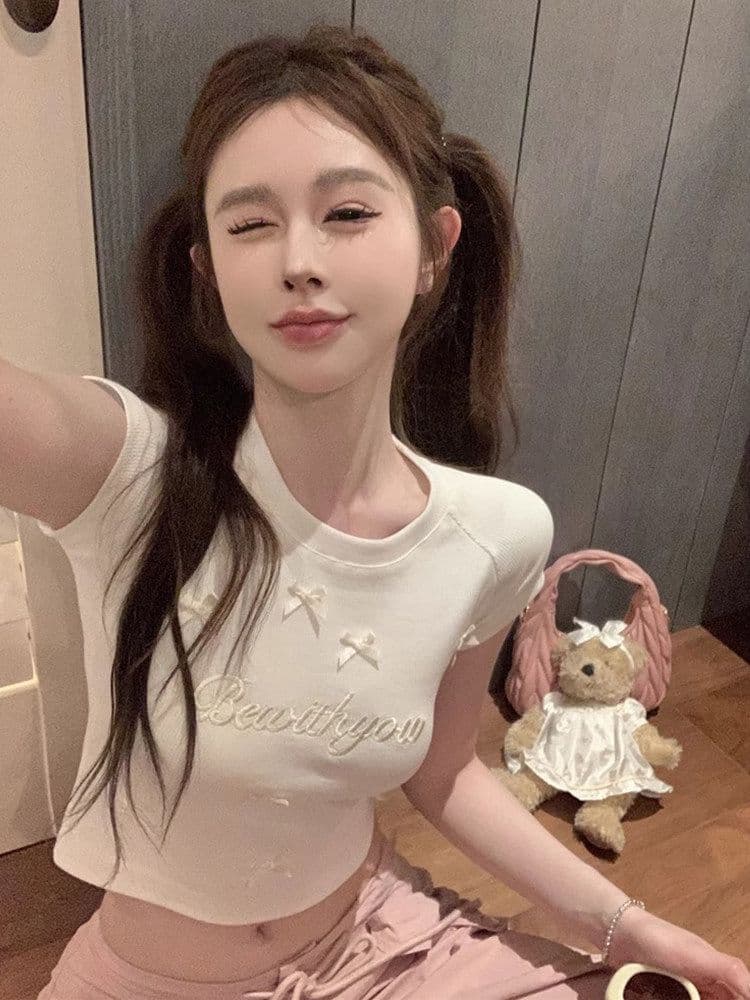원본 주간 고양이 품질 디자인 센스 나비 매듭 자수 반팔 긍정적 인 어깨 티셔츠 쇼트 스타일 맨위 상세 이미지 7