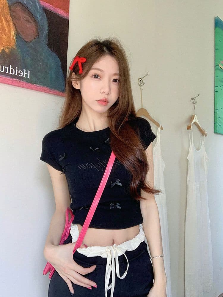 원본 주간 고양이 품질 디자인 센스 나비 매듭 자수 반팔 긍정적 인 어깨 티셔츠 쇼트 스타일 맨위 상세 이미지 9