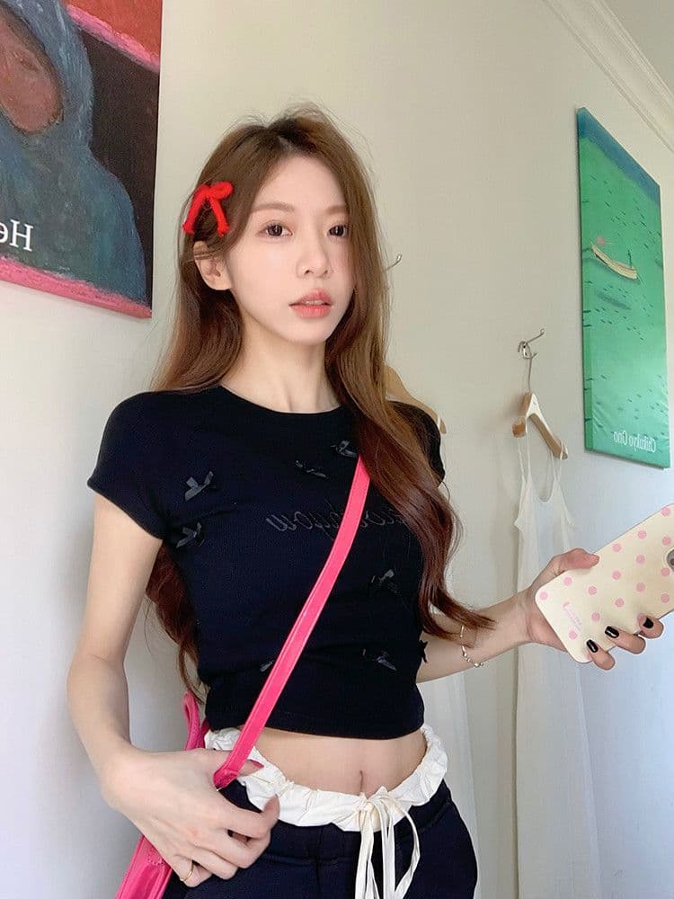 원본 주간 고양이 품질 디자인 센스 나비 매듭 자수 반팔 긍정적 인 어깨 티셔츠 쇼트 스타일 맨위 상세 이미지 12