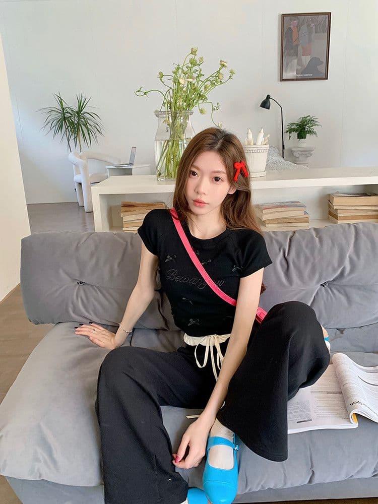 원본 주간 고양이 품질 디자인 센스 나비 매듭 자수 반팔 긍정적 인 어깨 티셔츠 쇼트 스타일 맨위 상세 이미지 16
