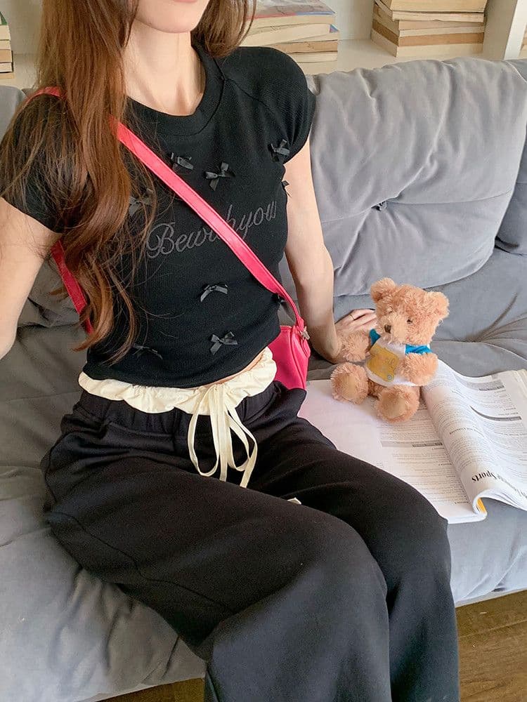 원본 주간 고양이 품질 디자인 센스 나비 매듭 자수 반팔 긍정적 인 어깨 티셔츠 쇼트 스타일 맨위 상세 이미지 22