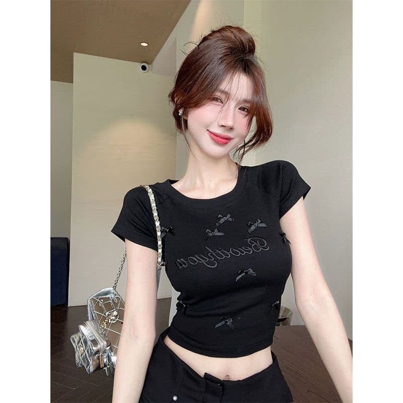 원본 주간 고양이 품질 디자인 센스 나비 매듭 자수 반팔 긍정적 인 어깨 티셔츠 쇼트 스타일 맨위 상세 이미지 24