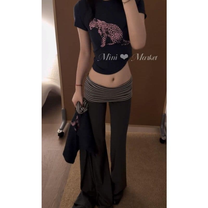 스트라이프 뒤집다 측면 바지 로우 웨이스트 스트라이프 뒤집다 측면 부츠컷 캐주얼 바지 이미지 2