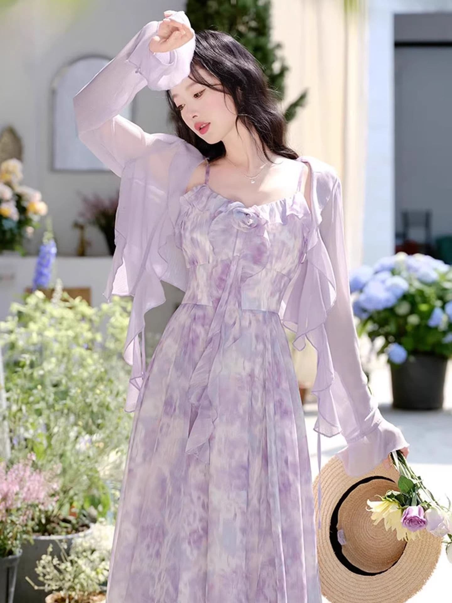 슬립 여성 드레스 여름 품격 고급 센스 보라색 고유 한 아름다운 슬립 드레스 경기 자외선 차단 오픈 가디건 투피스 슈트
