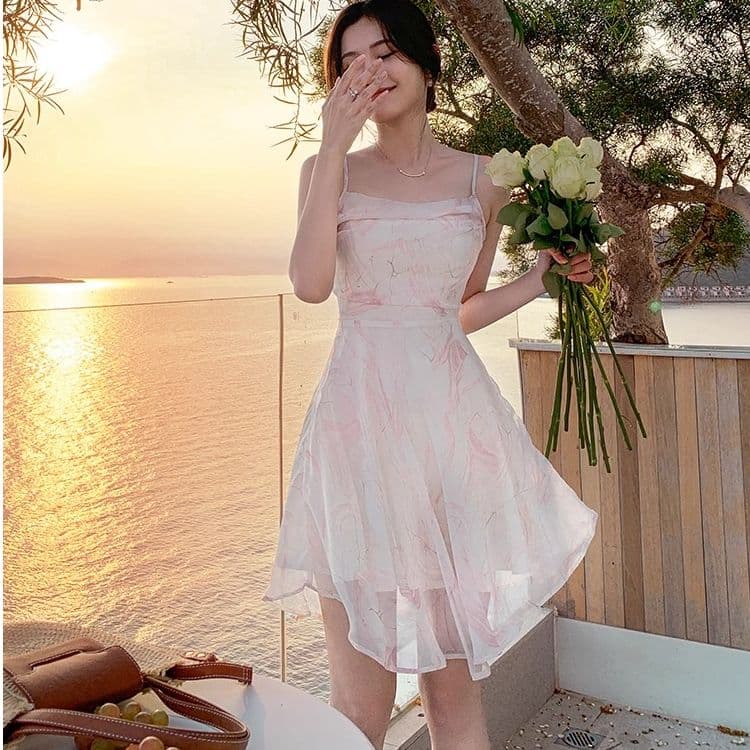해변 레이디 휴가 치마 해변가 해변 드레스 작은 키 미니 스커트 핑크색 꽃무늬 슬립 드레스 여성 드레스 여름 이미지 4