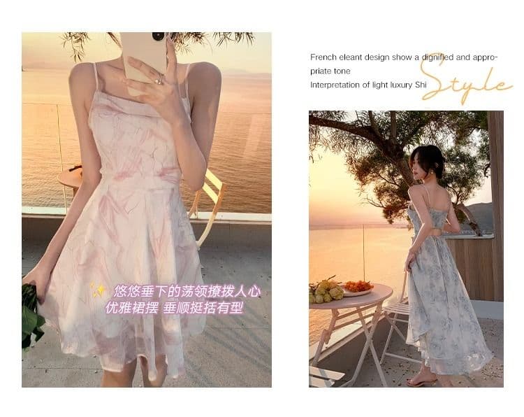 해변 레이디 휴가 치마 해변가 해변 드레스 작은 키 미니 스커트 핑크색 꽃무늬 슬립 드레스 여성 드레스 여름 상세 이미지 2