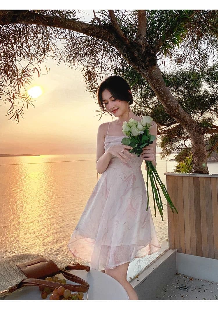 해변 레이디 휴가 치마 해변가 해변 드레스 작은 키 미니 스커트 핑크색 꽃무늬 슬립 드레스 여성 드레스 여름 상세 이미지 13