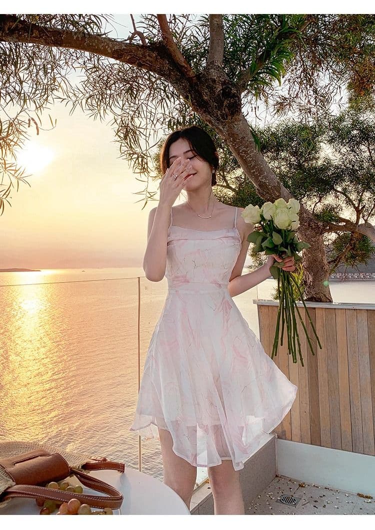해변 레이디 휴가 치마 해변가 해변 드레스 작은 키 미니 스커트 핑크색 꽃무늬 슬립 드레스 여성 드레스 여름 상세 이미지 14