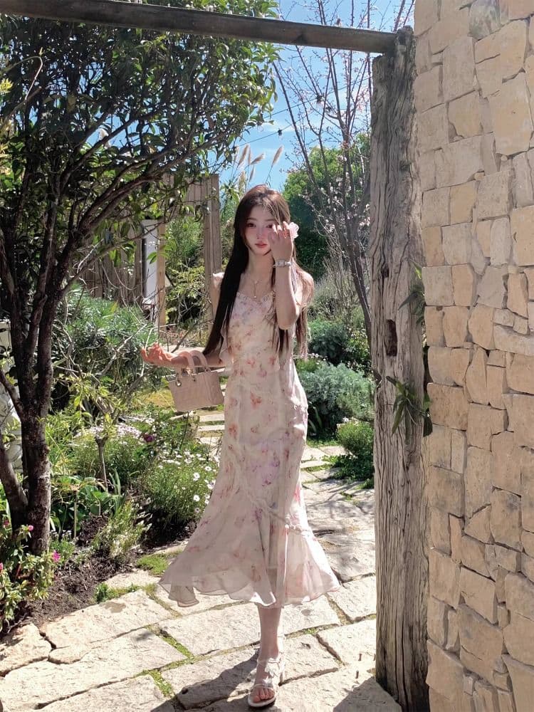 q 여자 집 游园 앨리스 아름다운 요정 가스 유화 드레스 불규칙 인어 꼬리 꽃무늬 슬립 롱 스커트 여름 상세 이미지 6