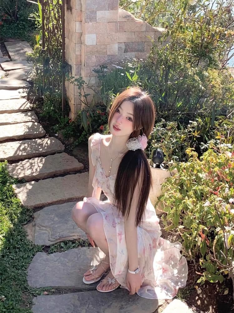 q 여자 집 游园 앨리스 아름다운 요정 가스 유화 드레스 불규칙 인어 꼬리 꽃무늬 슬립 롱 스커트 여름 상세 이미지 7