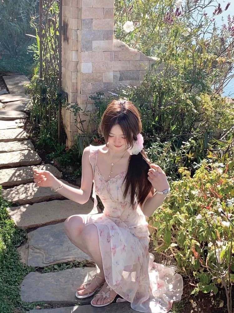 q 여자 집 游园 앨리스 아름다운 요정 가스 유화 드레스 불규칙 인어 꼬리 꽃무늬 슬립 롱 스커트 여름 상세 이미지 8