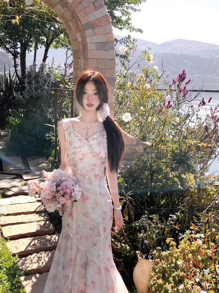 q 여자 집 游园 앨리스 아름다운 요정 가스 유화 드레스 불규칙 인어 꼬리 꽃무늬 슬립 롱 스커트 여름 상세 이미지 9